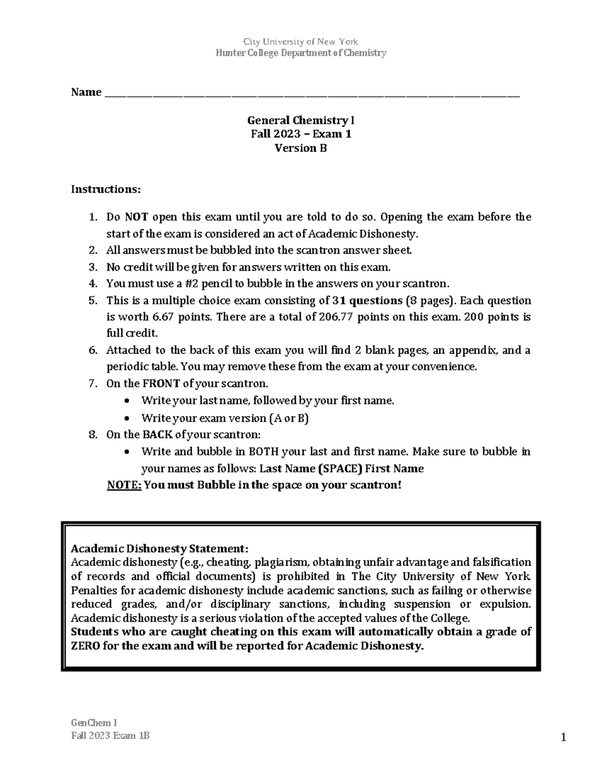 102f23-Exam1B - Exam B - Hunter College Department Of Chemistry GenChem ...