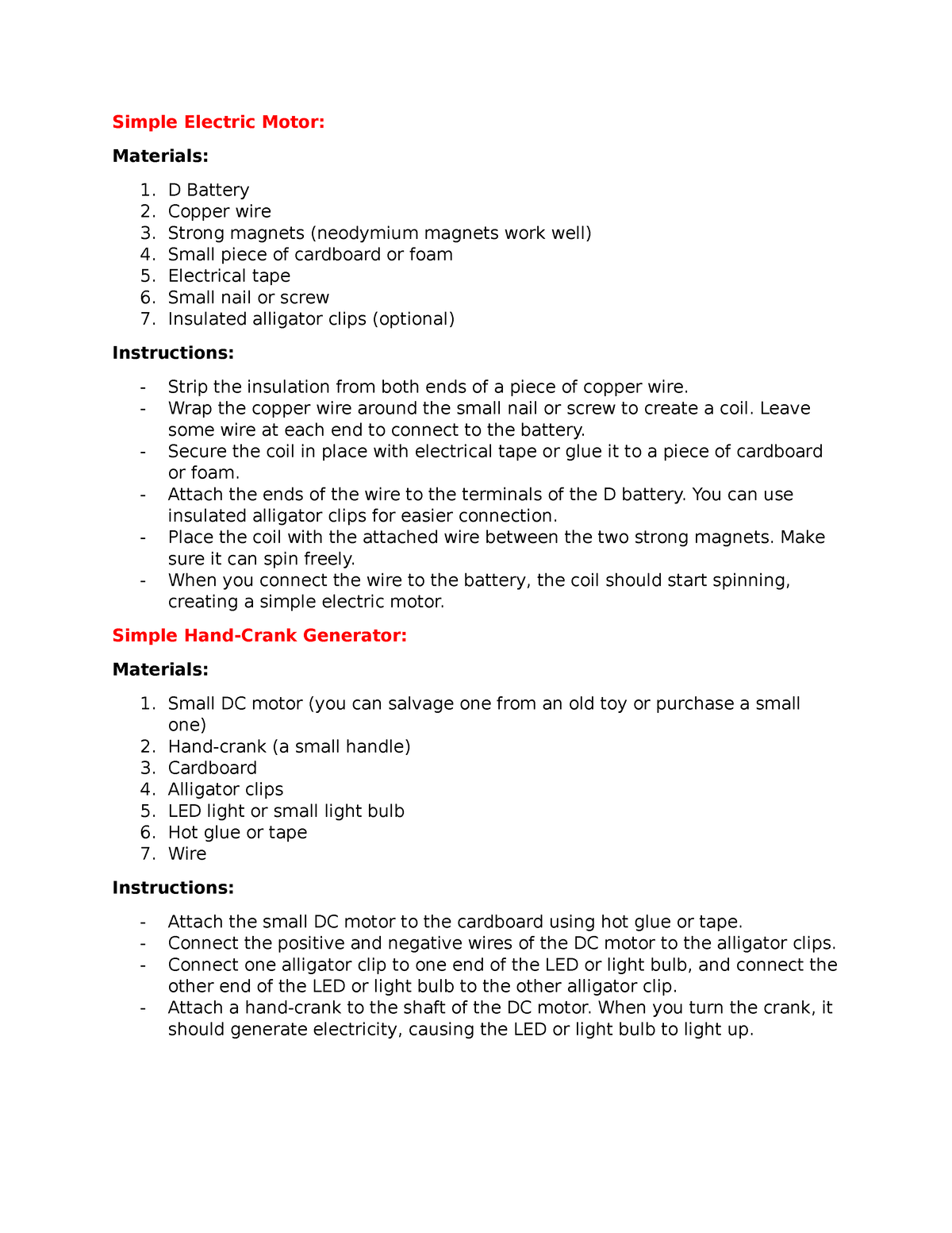 Simple-Electric-Motor - Simple Electric Motor: Materials: 1. D Battery ...