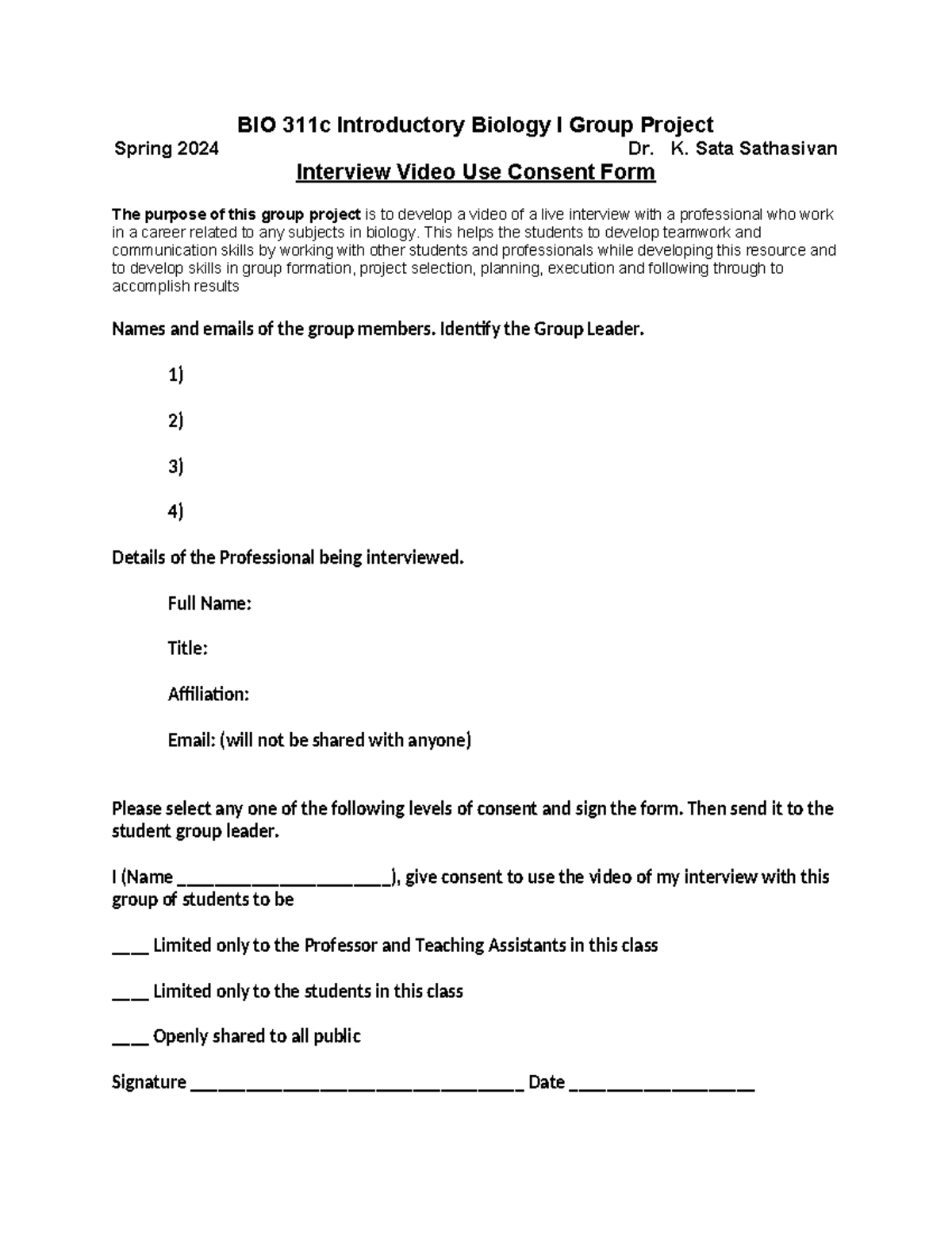 BIO 311c Introductory Biology I Group Project-Consent Form-Spring 2024 ...