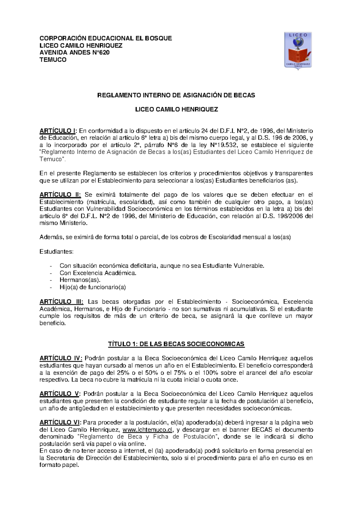 Reglamento interno becas CORPORACIÓN EDUCACIONAL EL BOSQUE LICEO