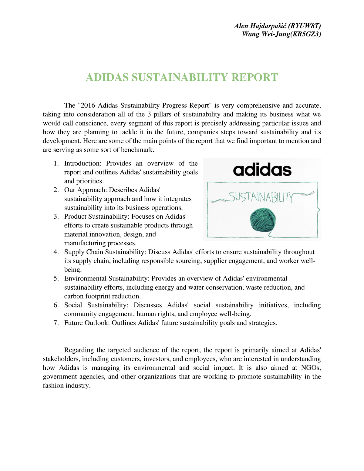 couscous Indbildsk Tilskynde Adidas Sustainability Report - Alen Hajdarpašić (RYUW8T) Wang  Wei-Jung(KR5GZ3) ADIDAS SUSTAINABILITY - Studocu