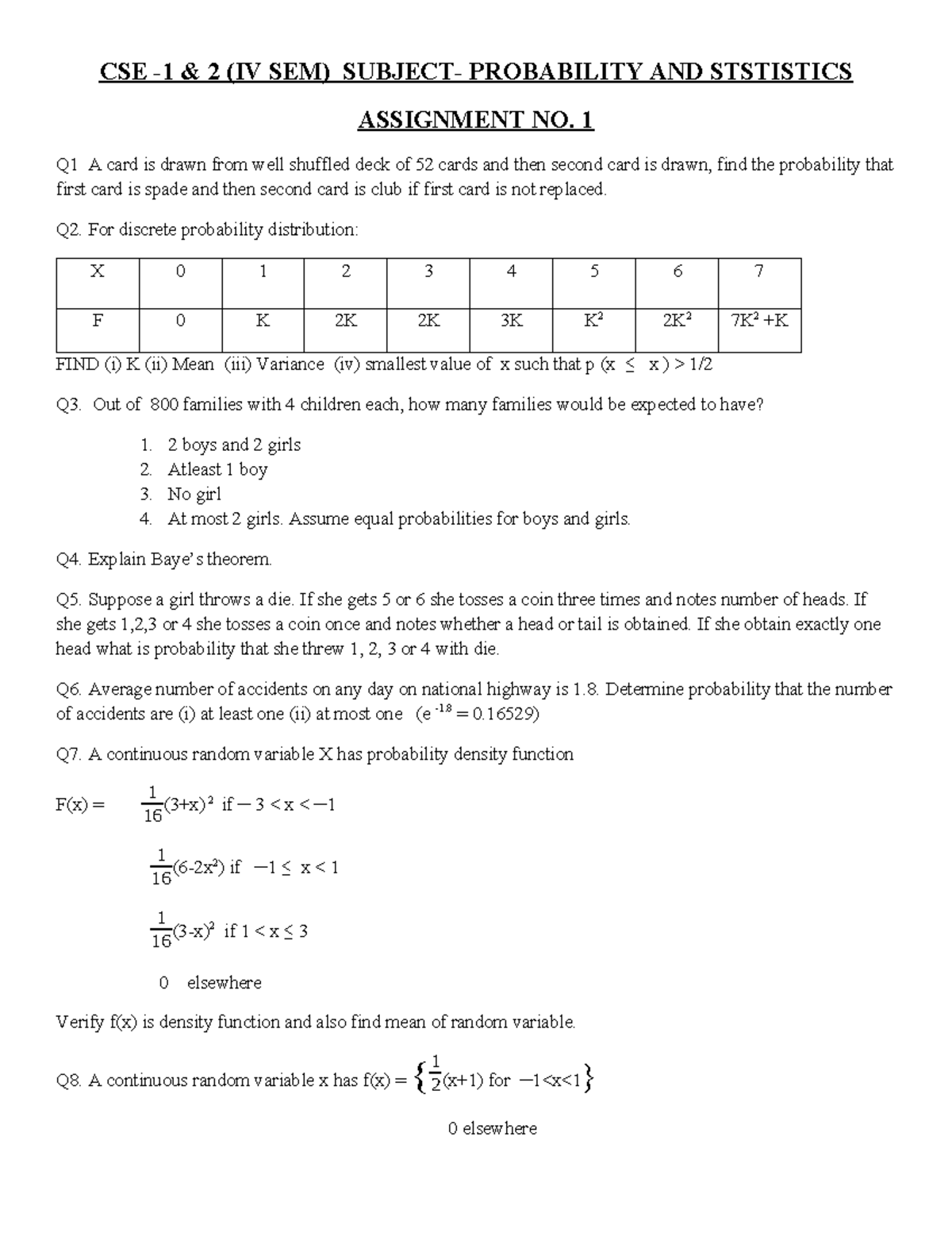 Prob & Stat assignment 1 - CSE -1 & 2 (IV SEM) SUBJECT- PROBABILITY AND ...