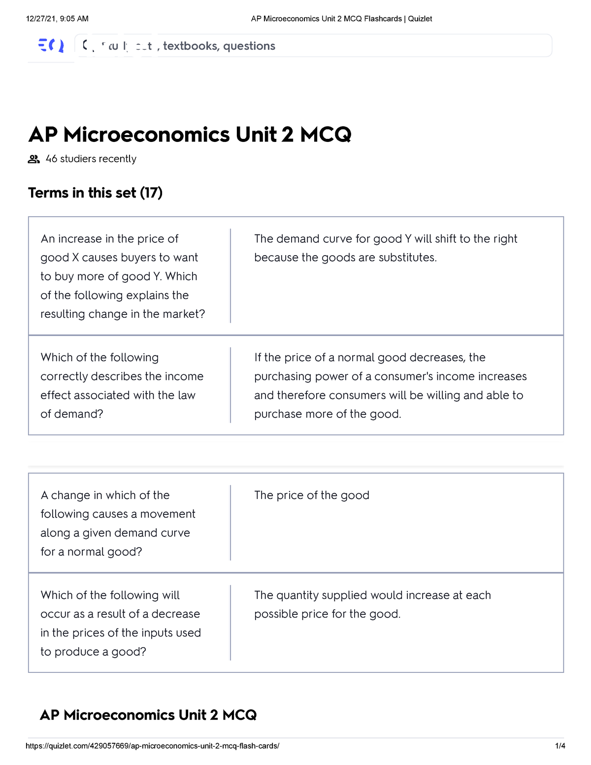 AP Microeconomics Unit 2 MCQ Flashcards Quizlet Free trial AP