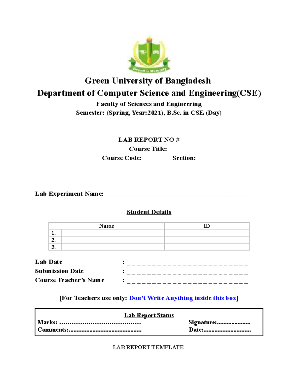Lab Report Template - I am a student - Green University of Bangladesh ...