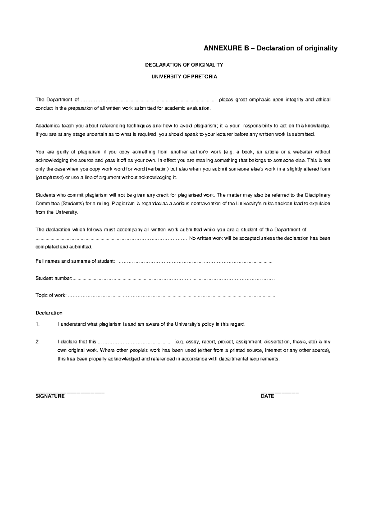 Declaration Form - ANNEXURE B – Declaration Of Originality DECLARATION ...