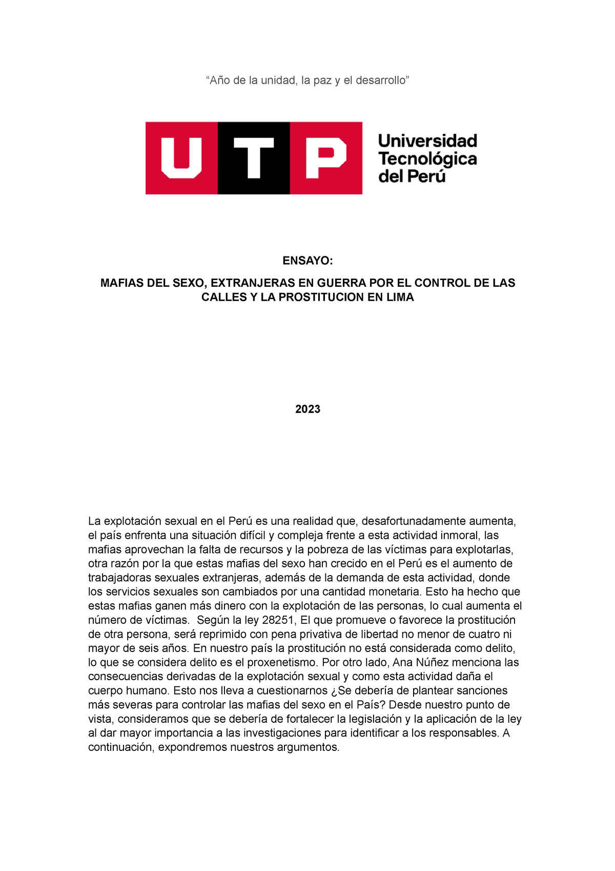 Ta1 Mafia Del Sexo Tarea Académica “año De La Unidad La Paz Y El Desarrollo” Ensayo Mafias 9703