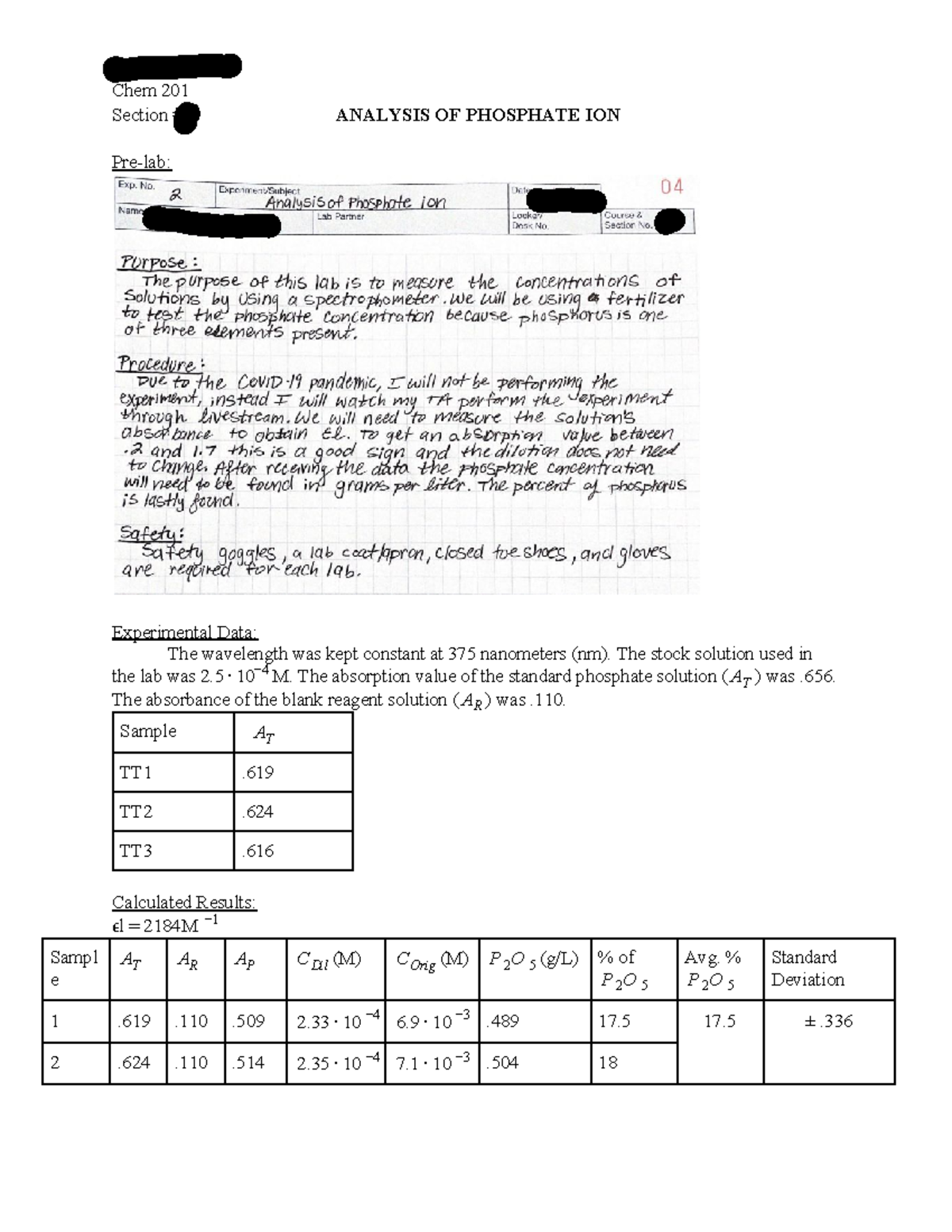 Exp. 2 - Experiment 2 lab report - Nadia Valencia Chem 201 Section #6 ...