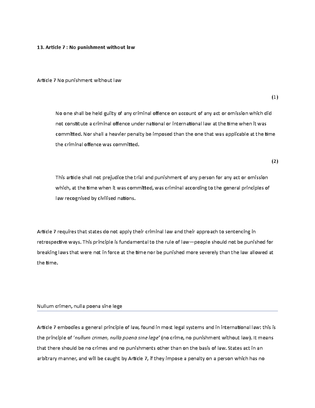 13. Article 7 No punishment without law 13. Article 7 No