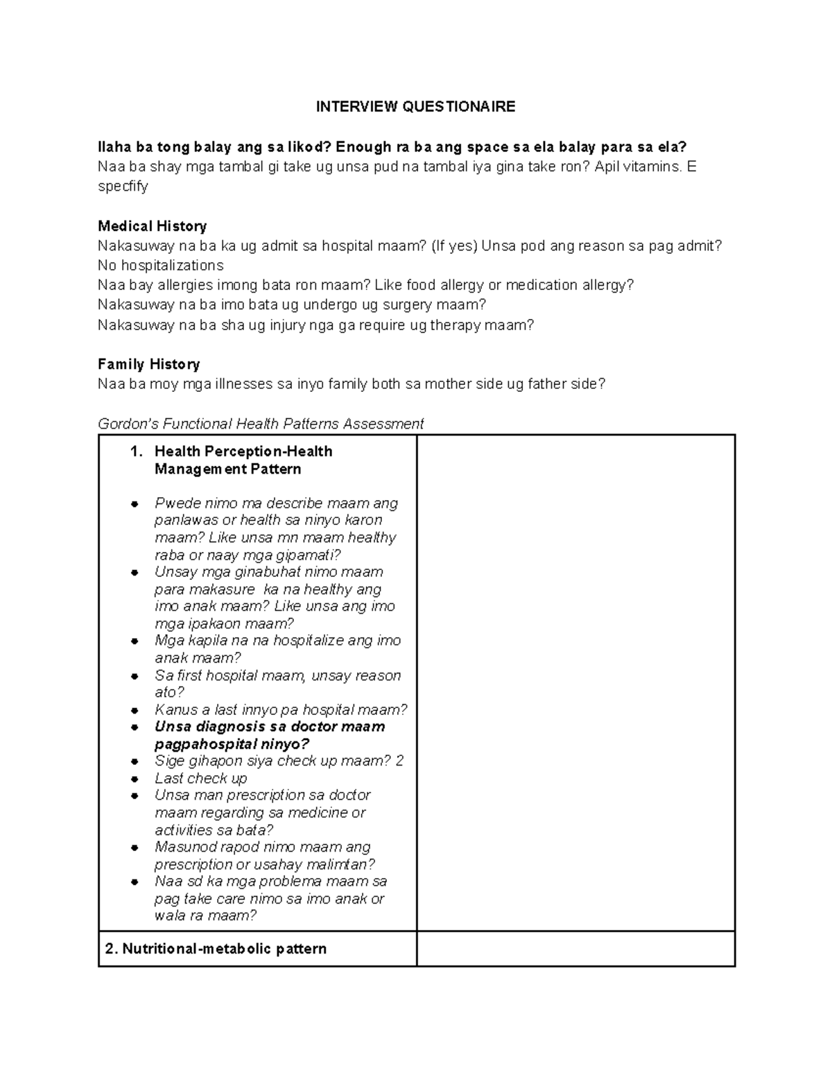 Questionaire - CHN NOTES AND QUESTIONAIRRES - INTERVIEW QUESTIONAIRE ...