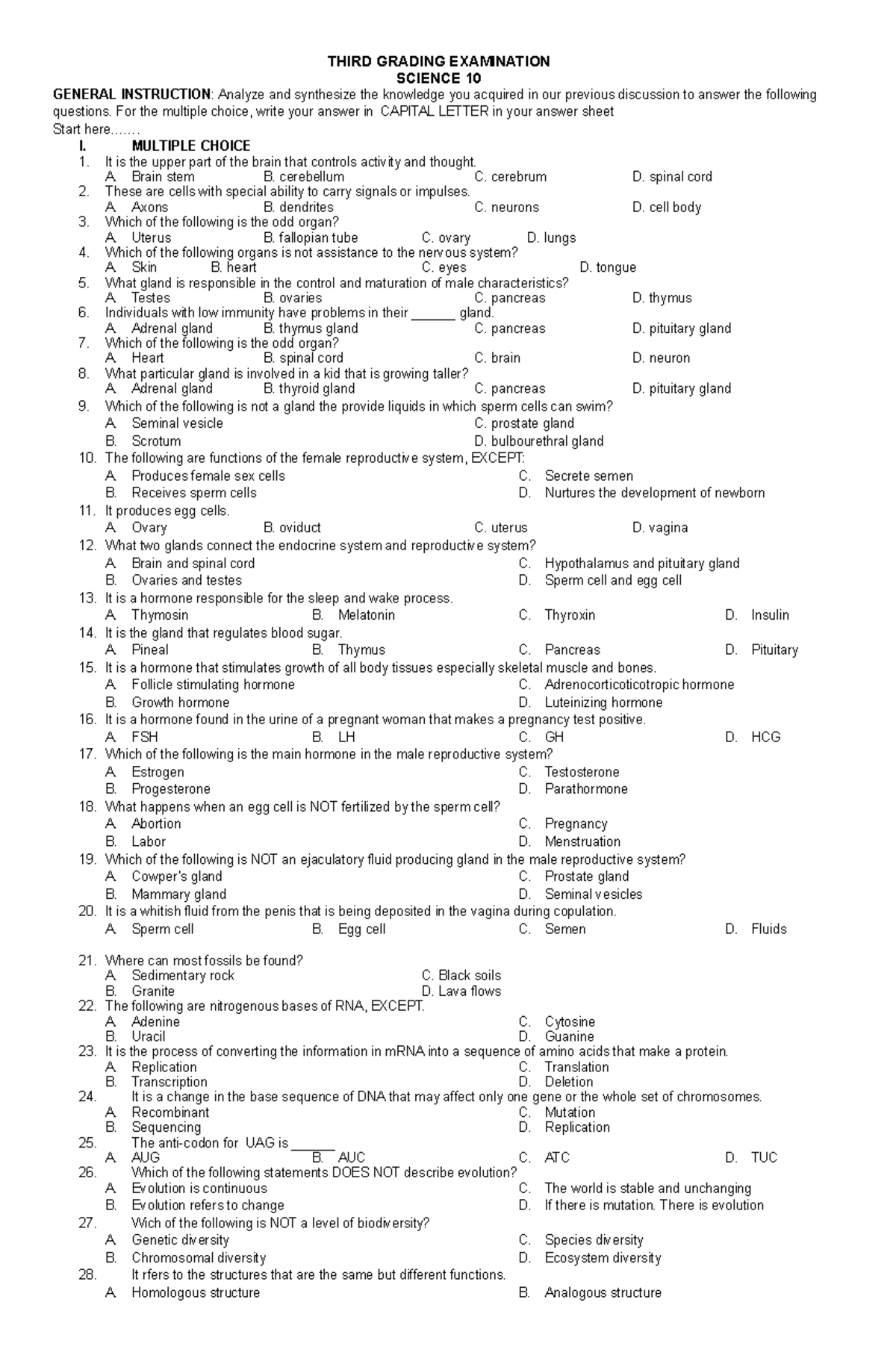 3rd grading sci 10 - THIRD GRADING EXAMINATION SCIENCE 10 GENERAL ...