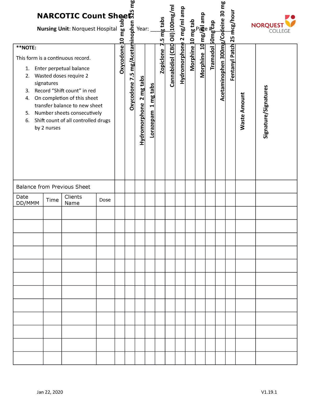 Narcotic Count Sheet NARCOTIC Count Sheet Nursing Unit Norquest Hospital Year Page