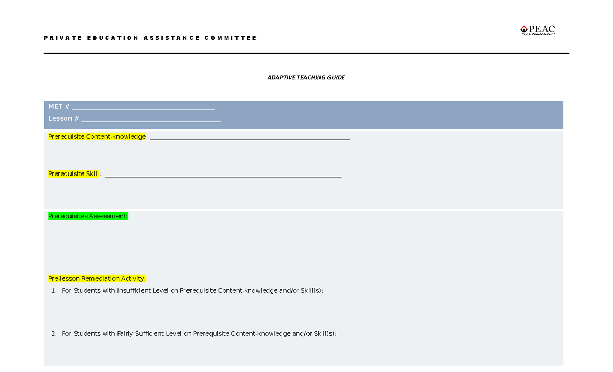 Adaptive Teaching Guide (ATG) Template - ADAPTIVE TEACHING GUIDE MET ...