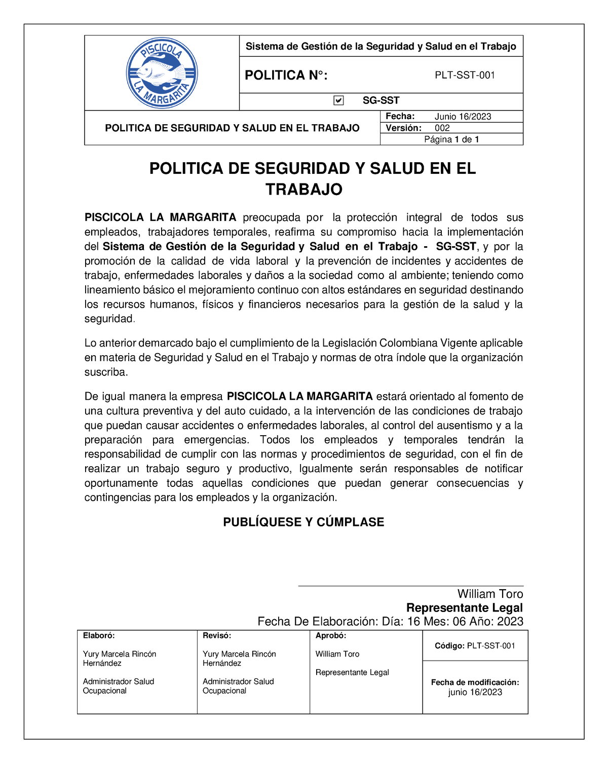 Plt Sst 001 Política De Seguridad Y Salud En El Trabajo Sistema De Gestión De La Seguridad Y 1991