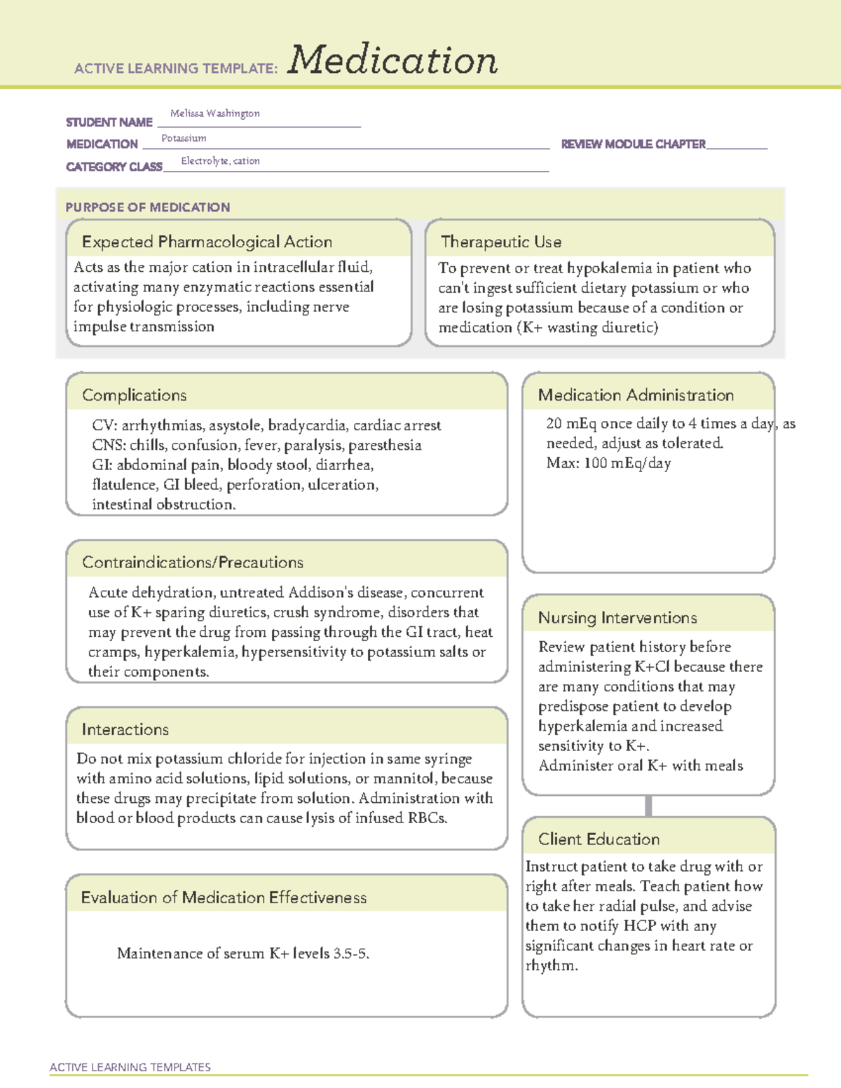 Medsheet potassium - medication template - ACTIVE LEARNING TEMPLATES ...