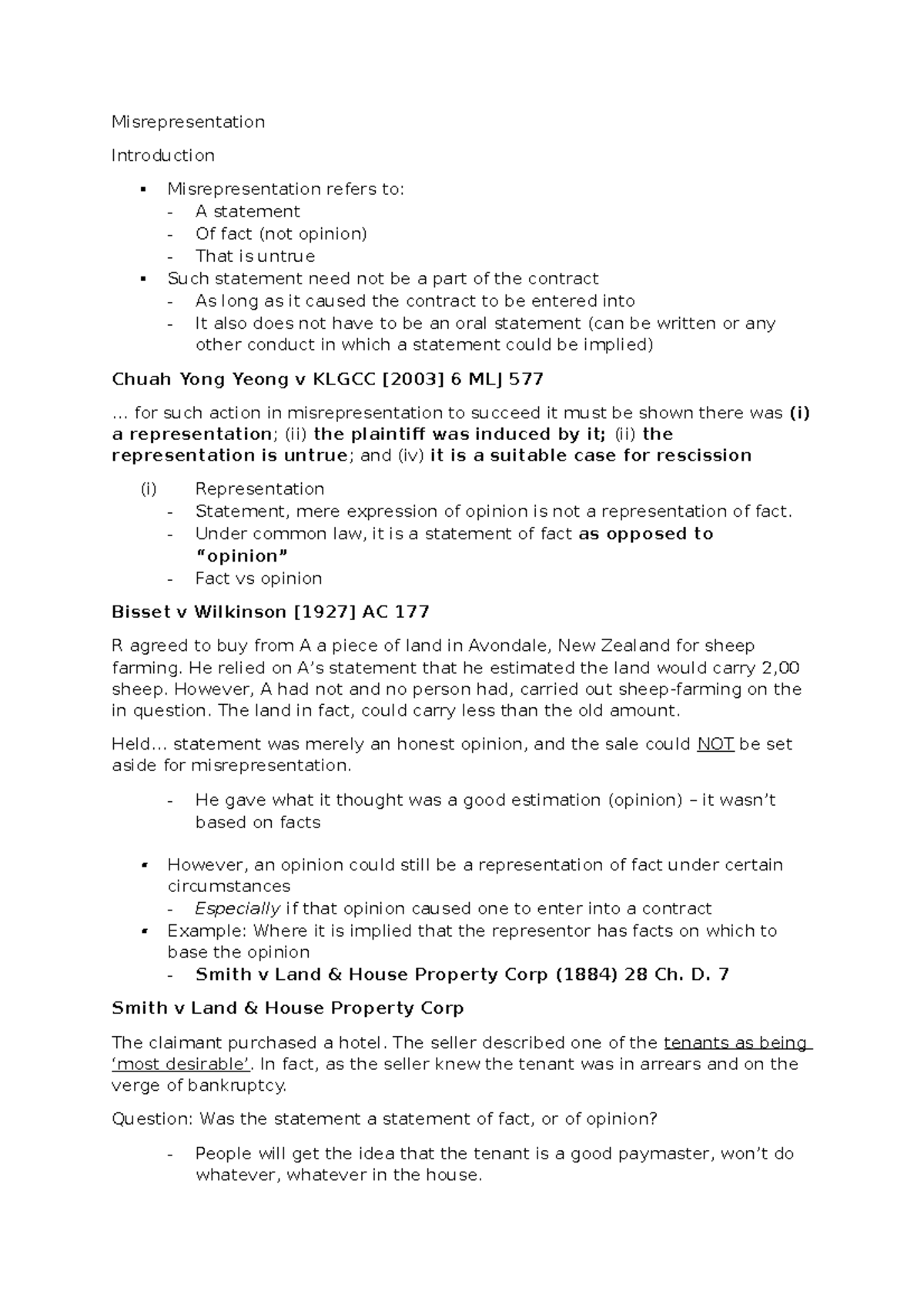 Misrep notes - Misrepresentation Introduction Misrepresentation refers ...