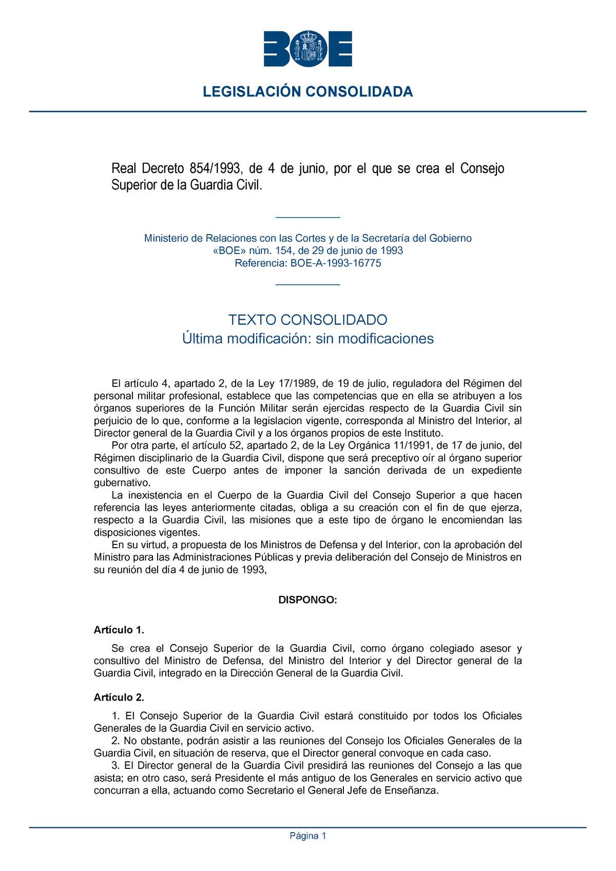 Real Decreto 854 1993, De 4 De Junio Por El Que Se Crea El Consejo ...