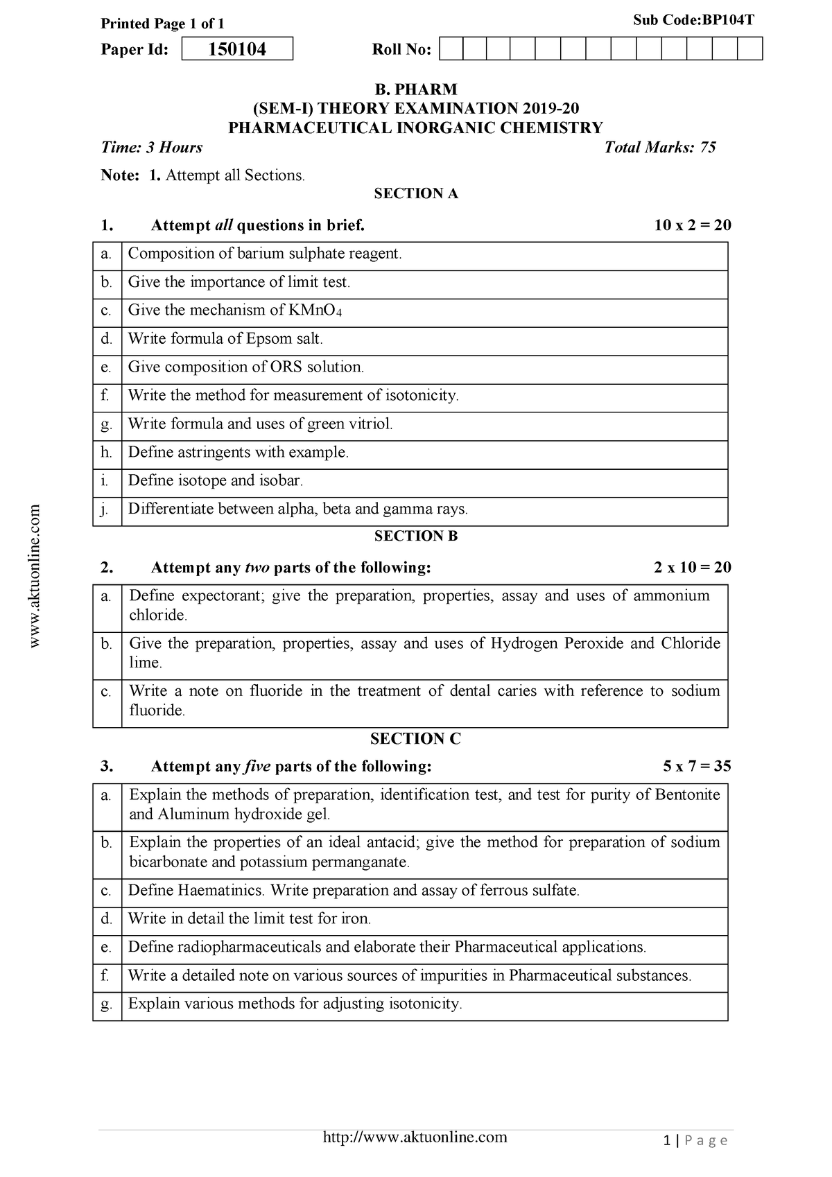 Bpharm 1 Sem Pharmaceutical Inorganic Chemistry Bp104t 2020 - Printed ...