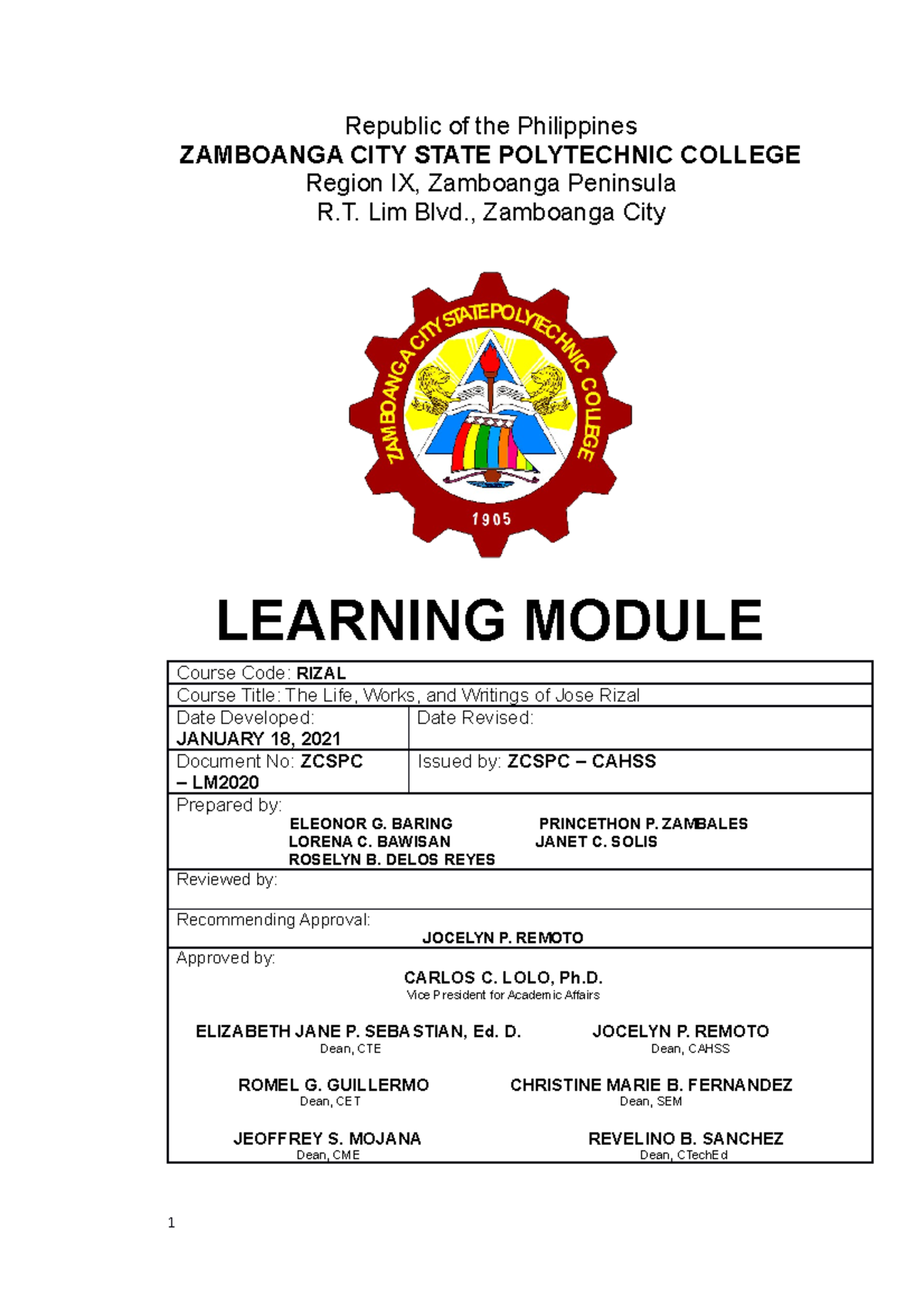 Rizal Module Edited Final - Republic Of The Philippines ZAMBOANGA CITY ...