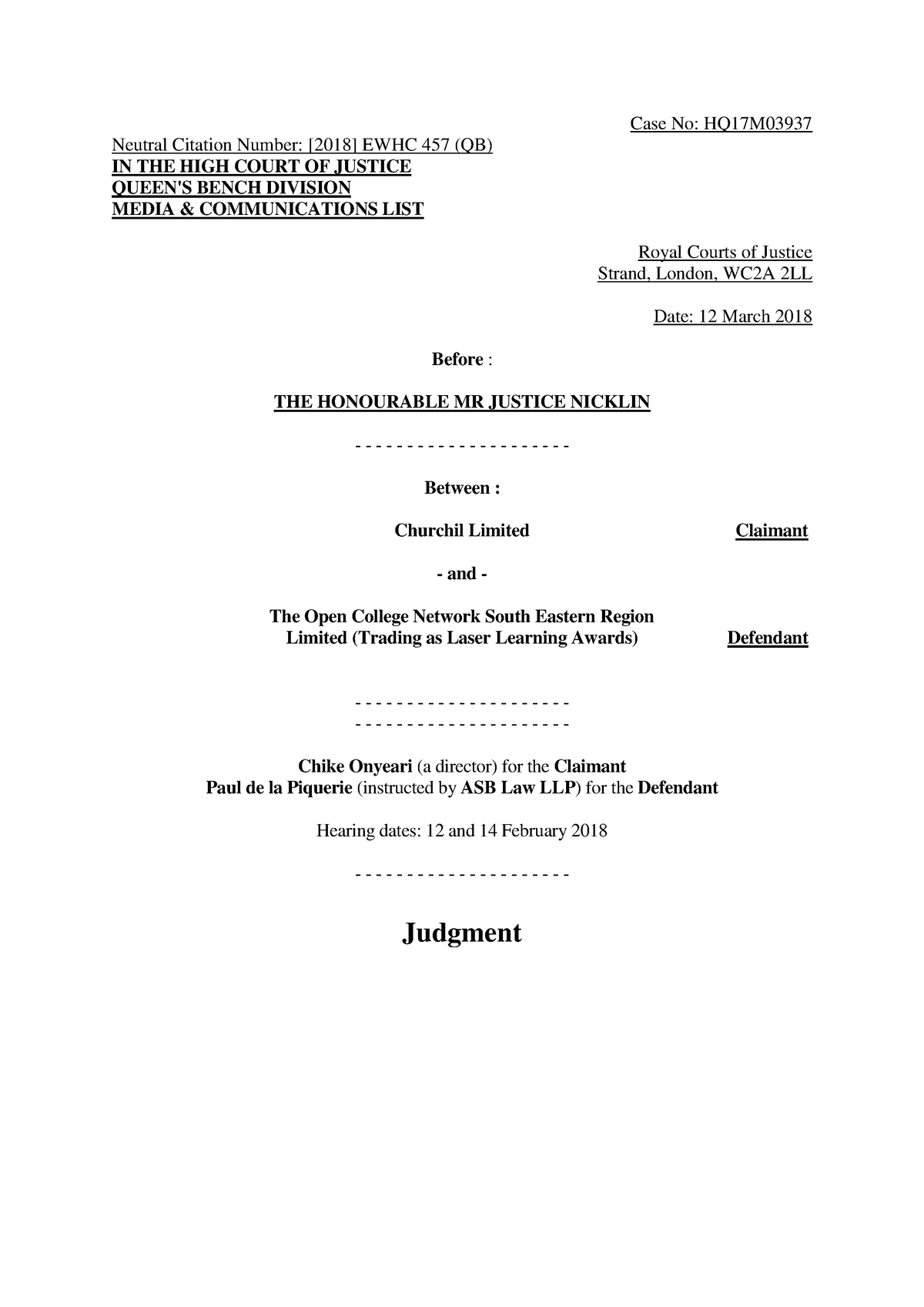 High Court Judgment Template Summary - Case No: HQ17M Neutral Citation ...