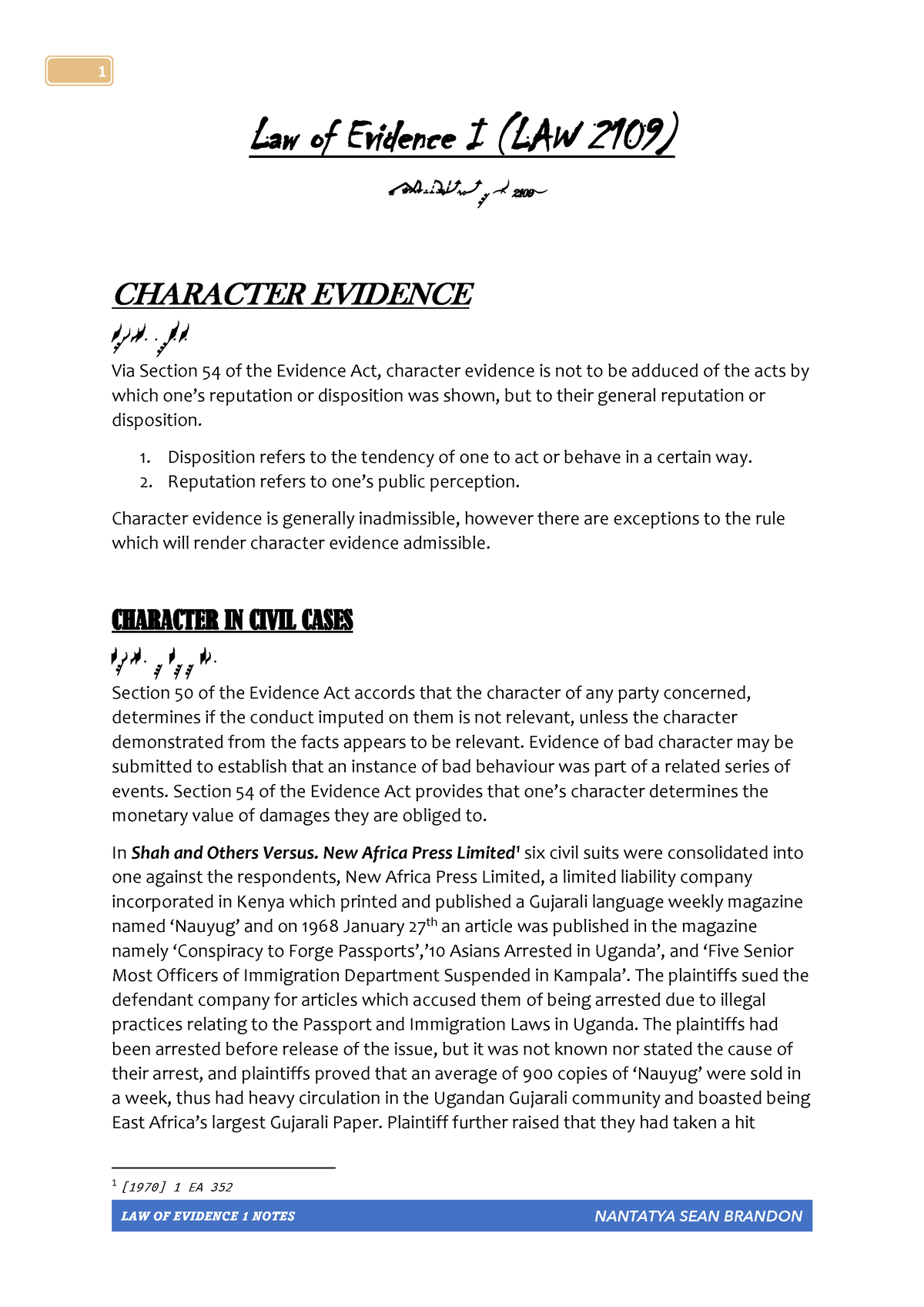 Character Evidence Law Of Evidence I Law Of Evidence I Law 2109