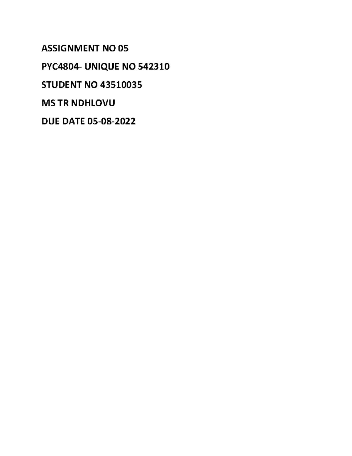 Assignment NO 05 PYC4804 - MS TR NDHLOVU ASSIGNMENT NO PYC4804- UNIQUE ...