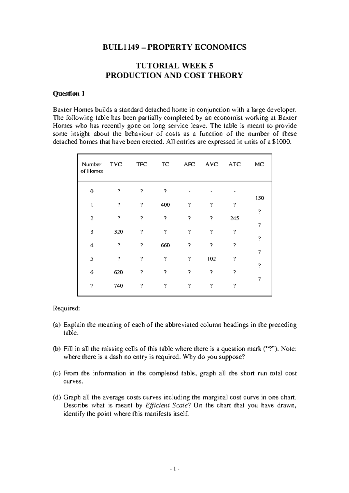 Tutorial Week 5 practice 1 BUIL1149 PROPERTY ECONOMICS TUTORIAL