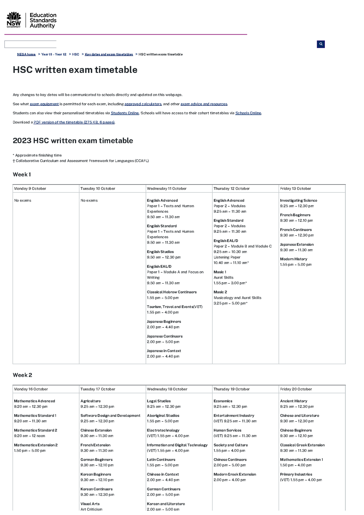 HSC written exam timetable NSW Education Standards NESA home > Year