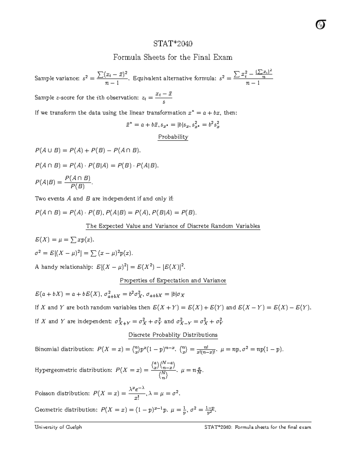 2040DE Finalexam formulas Fall 19 - STAT* Formula Sheets for the Final ...