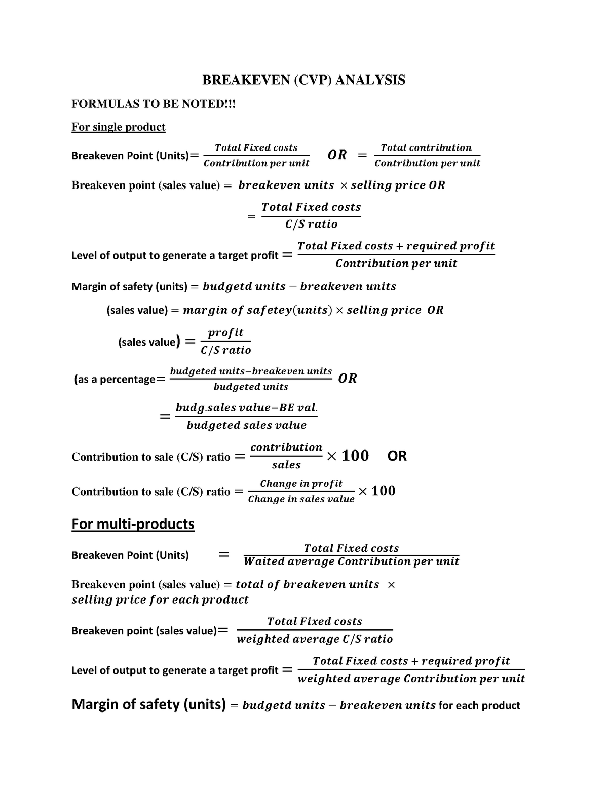 Cost Volume Profit (CVP)/ Break-even Analysis - BREAKEVEN (CVP ...