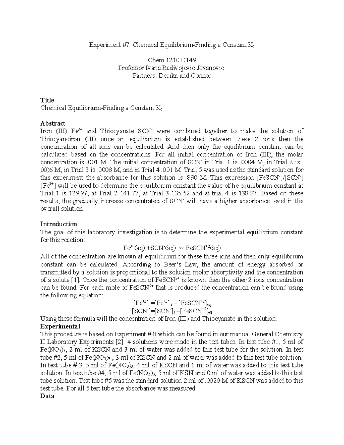 Equilbrium prof j lab Experiment 7 Chemical EquilibriumFinding a