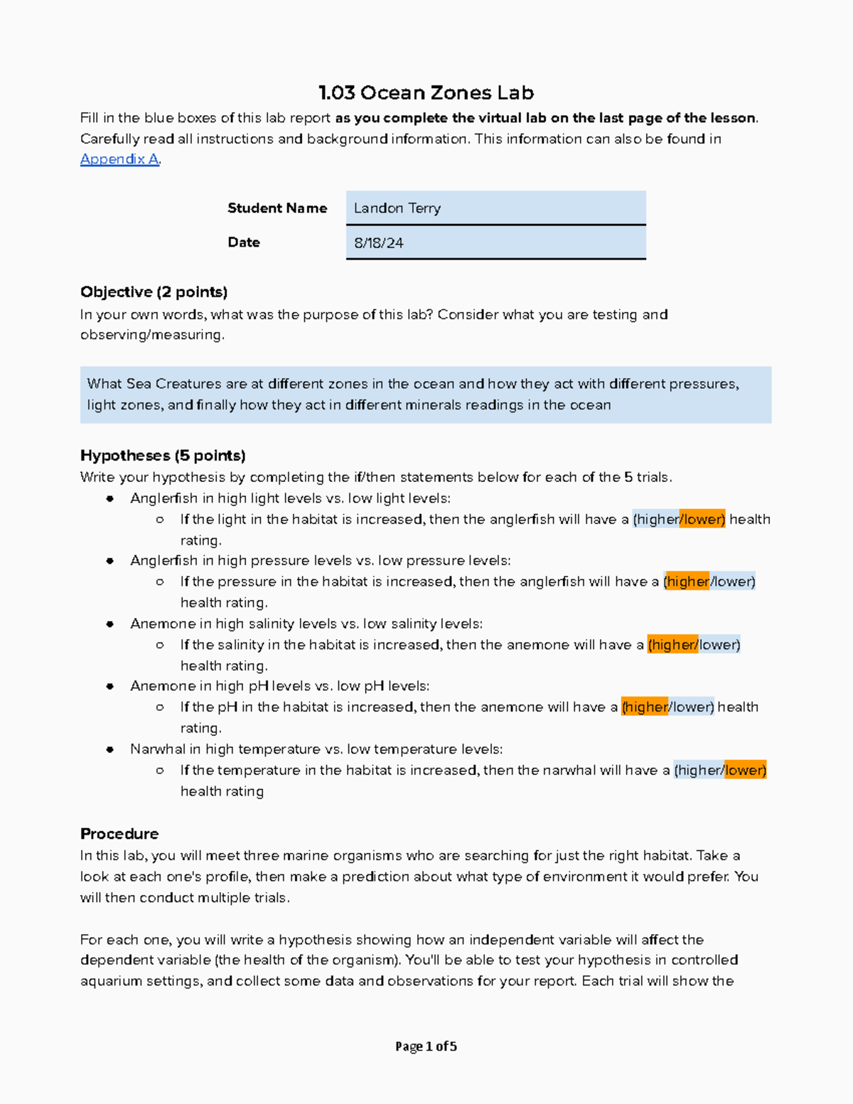 Copy of 1.03 Lab Report Template Rev 2022 - 1 Ocean Zones Lab Fill in ...