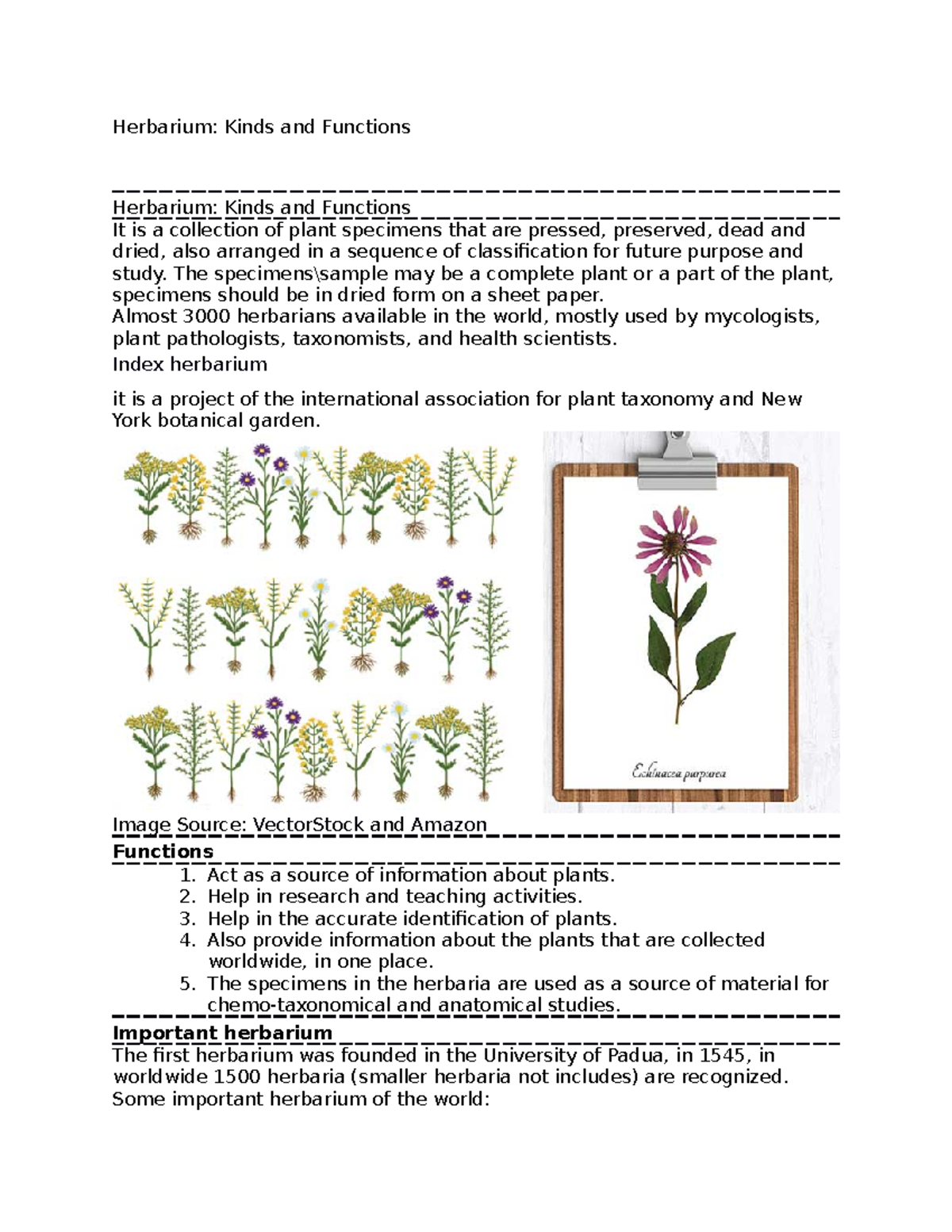 Herbarium notes Herbarium Kinds and Functions Herbarium Kinds and