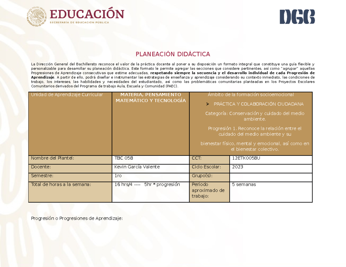 Formato de Planeación Didáctica Editable Semestre 1 1 bloque