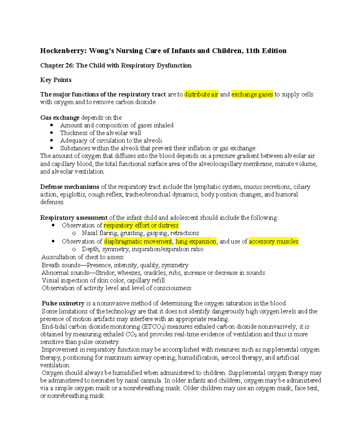 Respiratory Notes - Hockenberry: Wong’s Nursing Care of Infants and ...