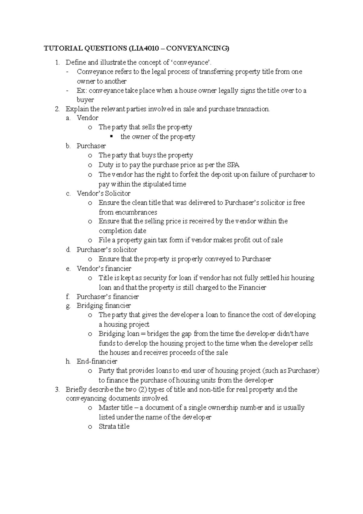 Tutorial 1 Conveyancing TUTORIAL QUESTIONS (LIA4010 CONVEYANCING