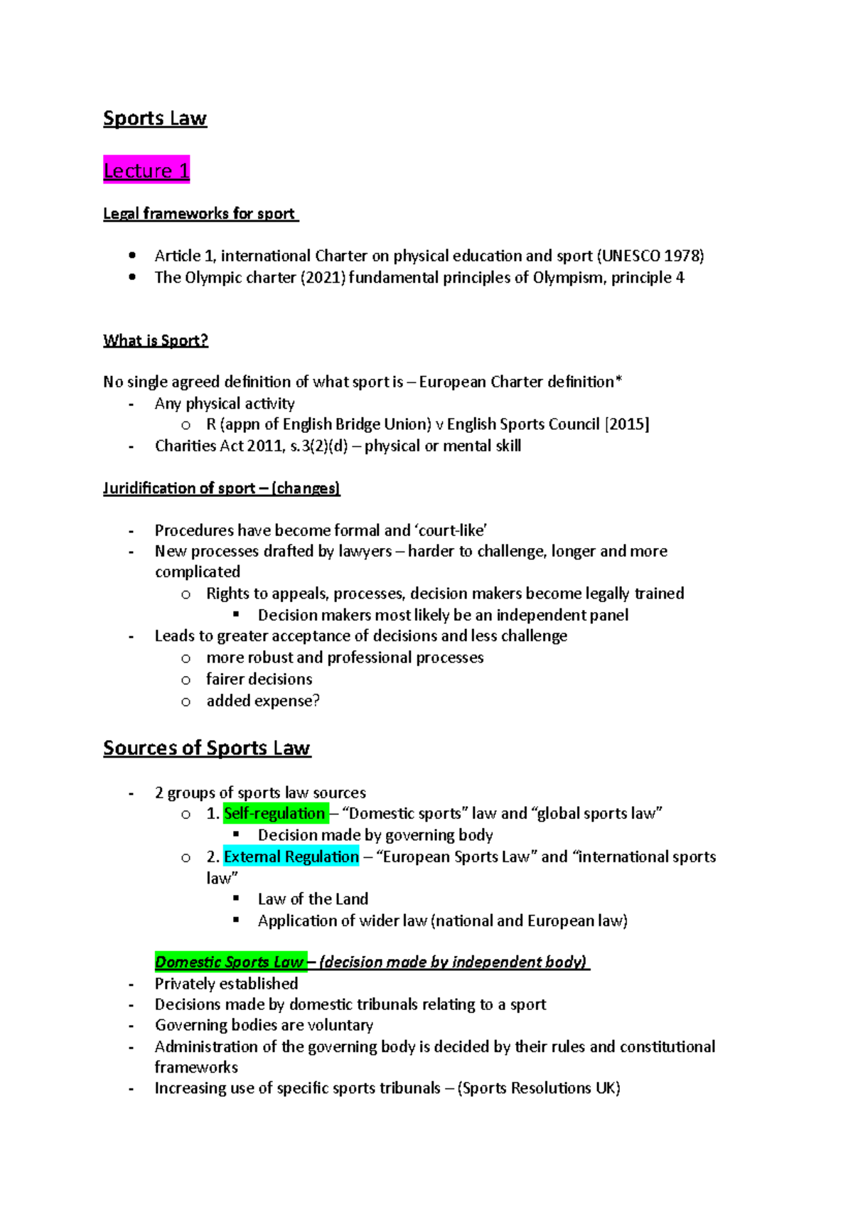 Sports Law 1 - lecture notes for the full module - Sports Law Lecture 1 ...