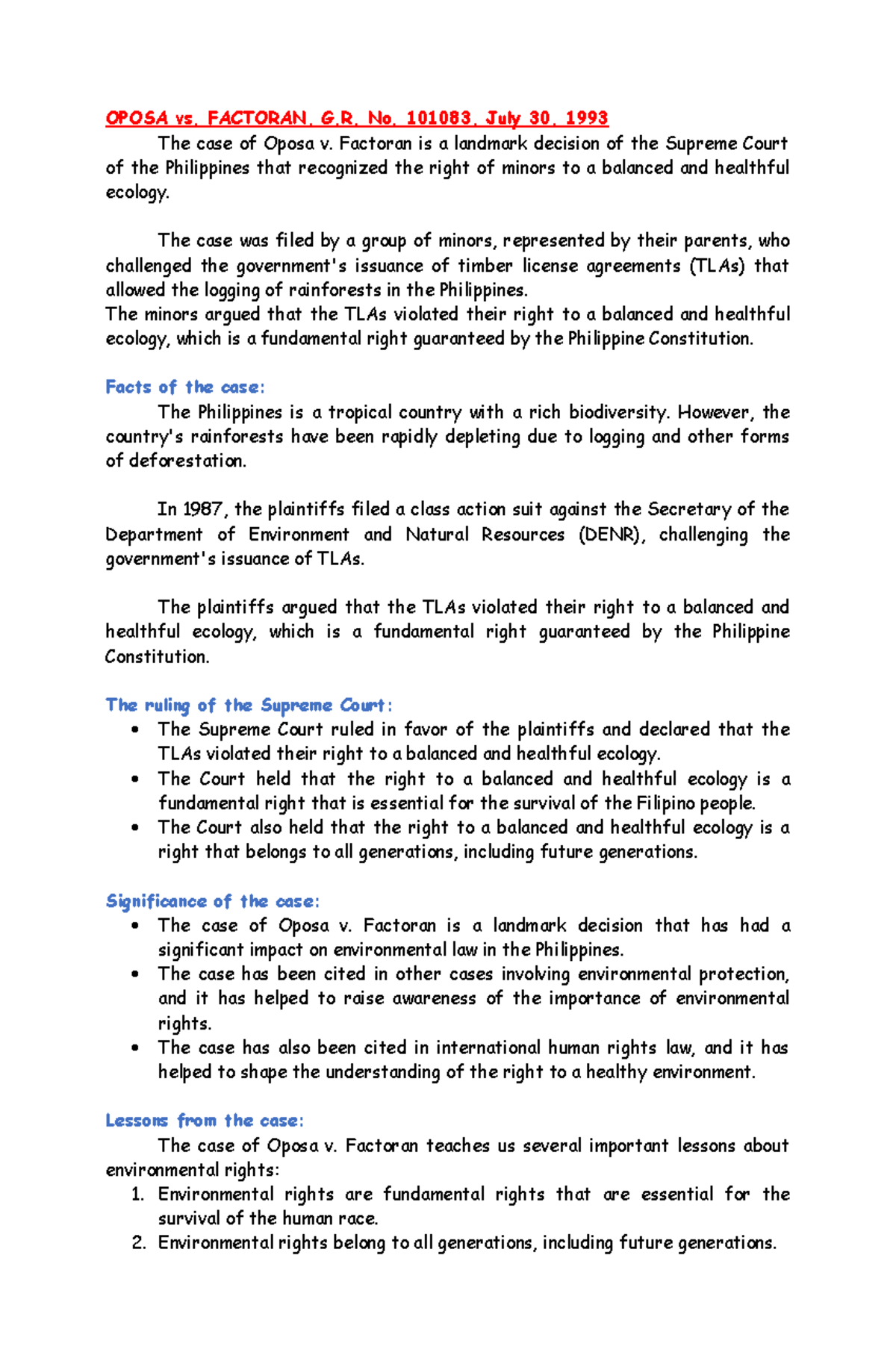 Philo - None - OPOSA vs. FACTORAN, G. No. 101083, July 30, 1993 The ...
