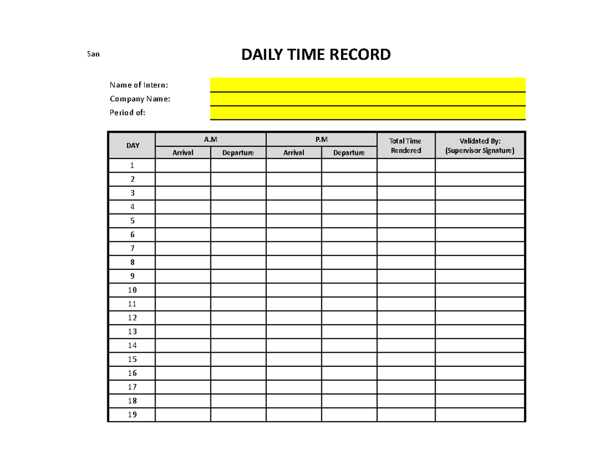 DTR Santos - Sheet 1 - notes - San DAILY TIME RECORD Name of Intern ...