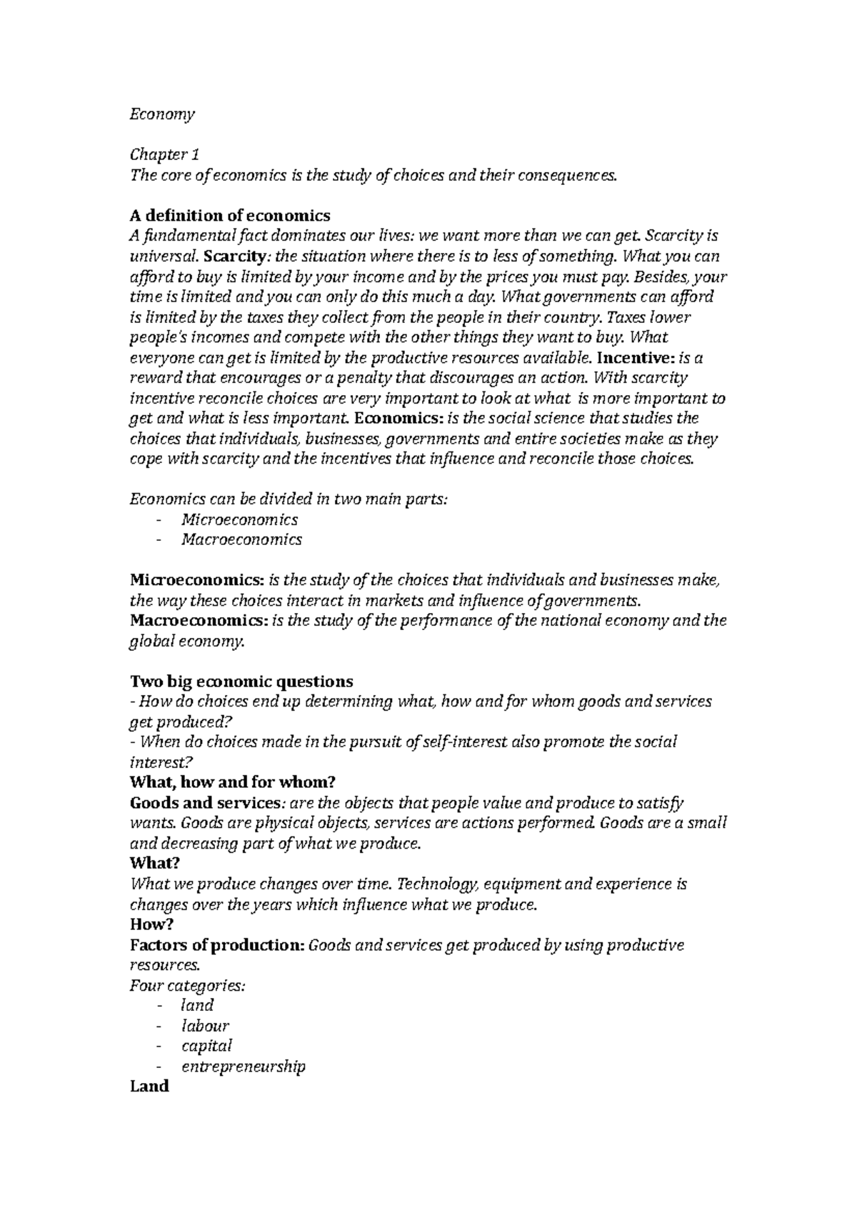 Economy summary Chapter 1 and 3 - Economy Chapter 1 The core of ...