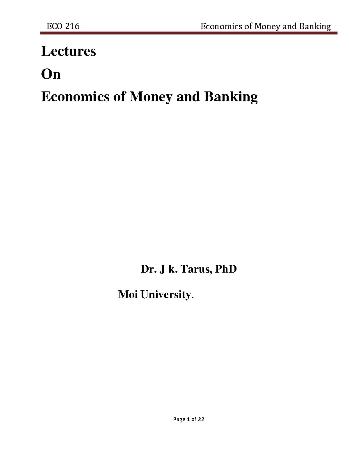 ECF 216 Economics of Money and Banking Lectures On Economics of Money