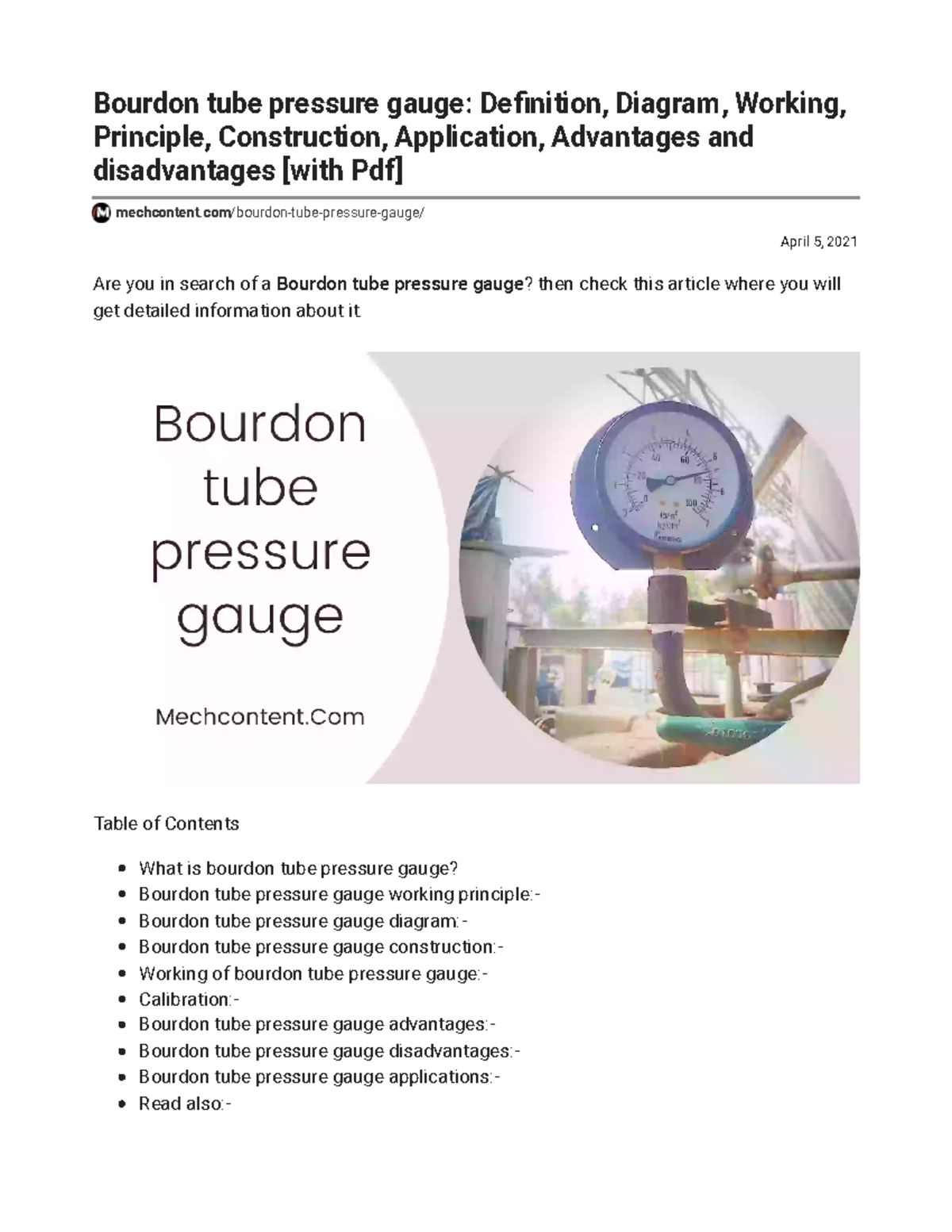 Bourdon tube pressure gauge Definition, Diagram, Working, Principle