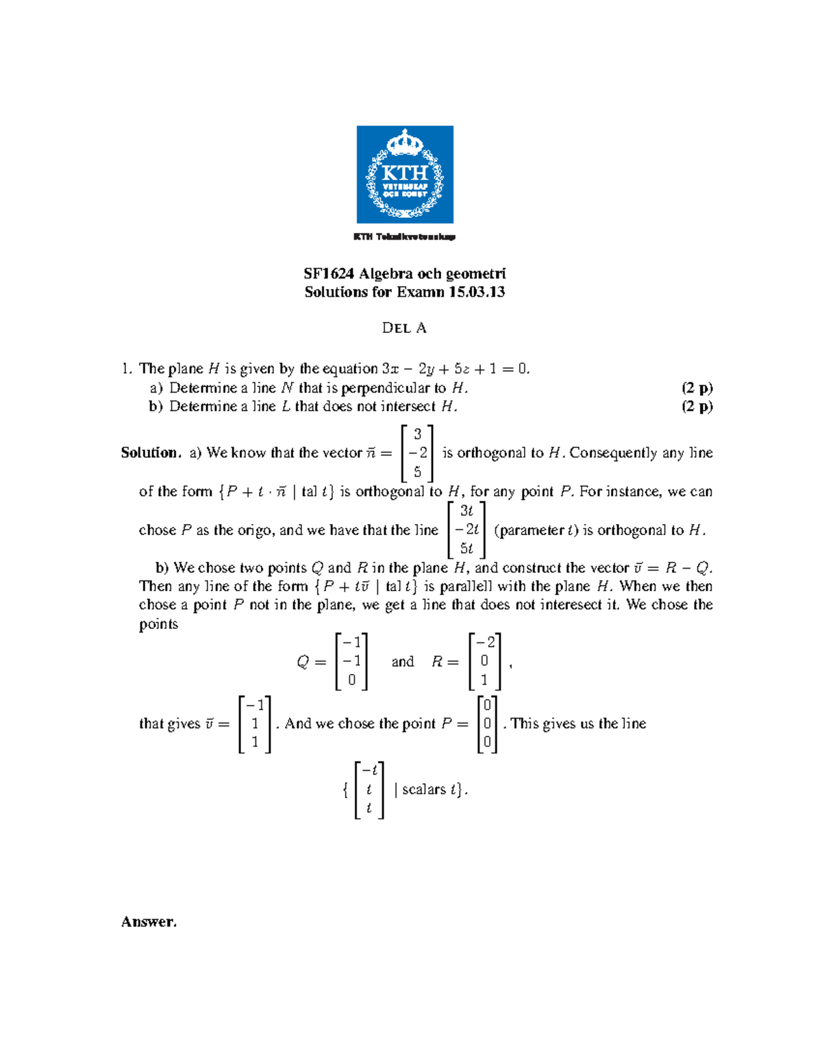 Solutions For Examn 15 - Tentamen Lösningar - SF1624 Algebra Och ...