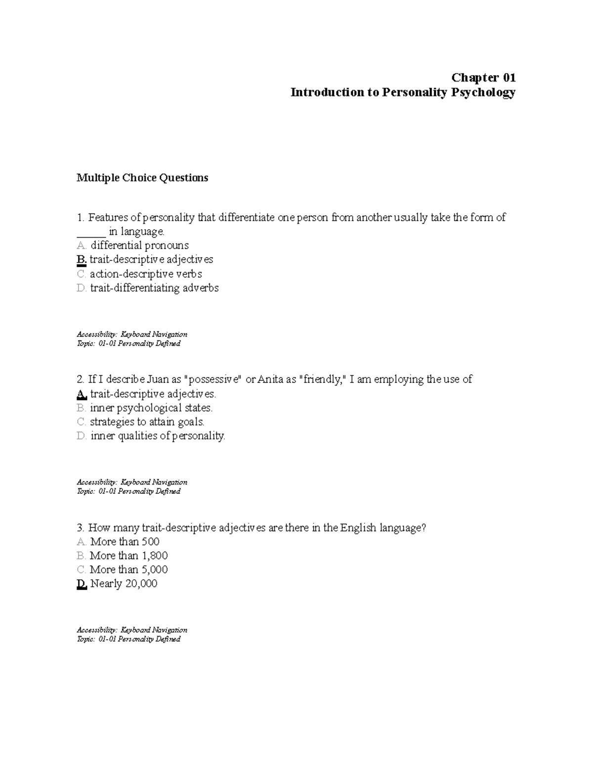 Psych 2550 Introductin To Personality Psychology Chapter 1 Test Bank