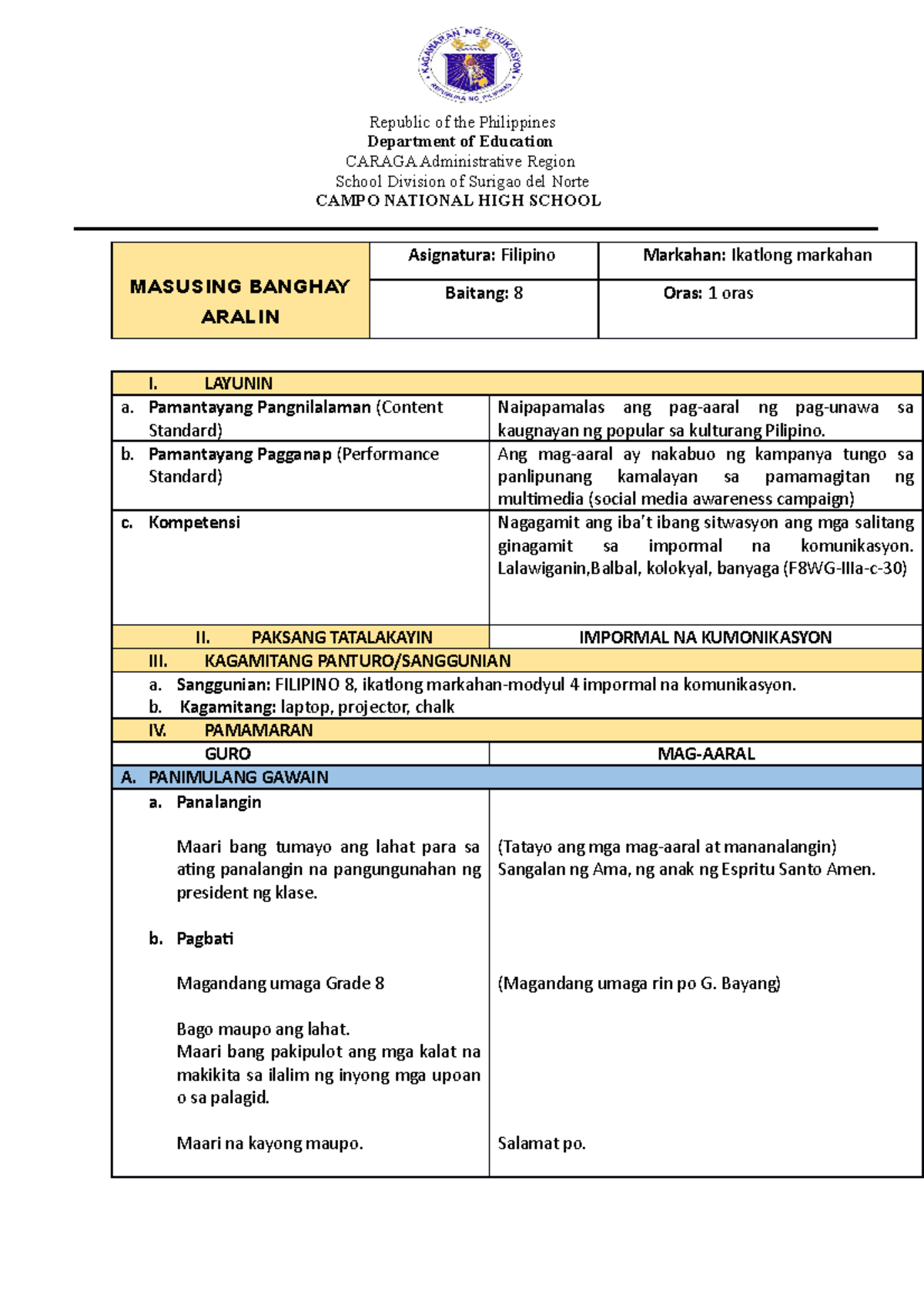 G8-LP - Banghay Aralin - Republic Of The Philippines Department Of ...