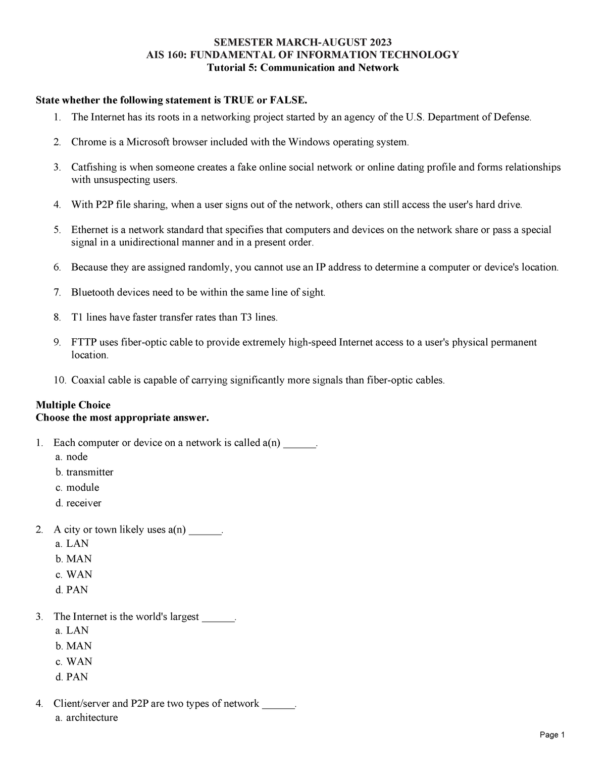 AIS160 Tutorial 5 Question - Page 1 SEMESTER MARCH-AUGUST 2023 AIS 160 ...