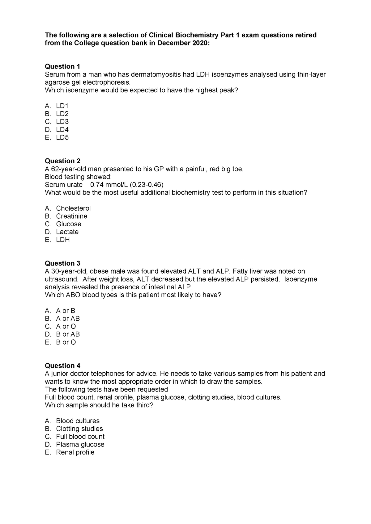 Clinical Biochemistry Part 1 Past Questions - The Following Are A ...