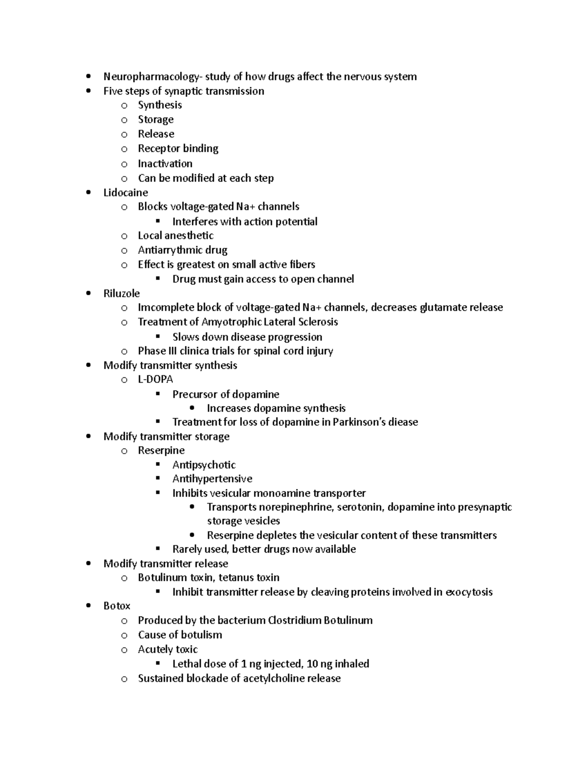 Neuropharmacology - Lecture notes for exam 3 - Neuropharmacology- study ...