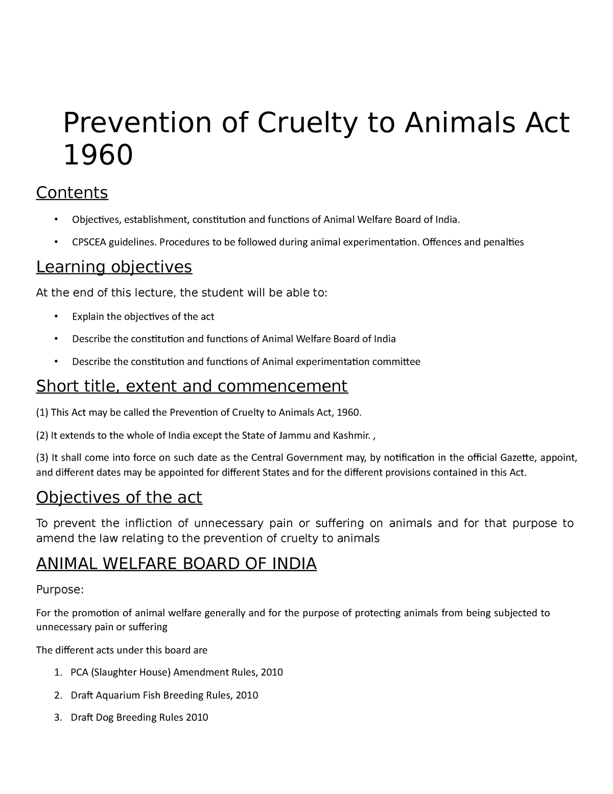 Chapter - 9 Prevention of Cruelty to Animals Act 1960 - Prevention of  Cruelty to Animals Act 1960 - Studocu