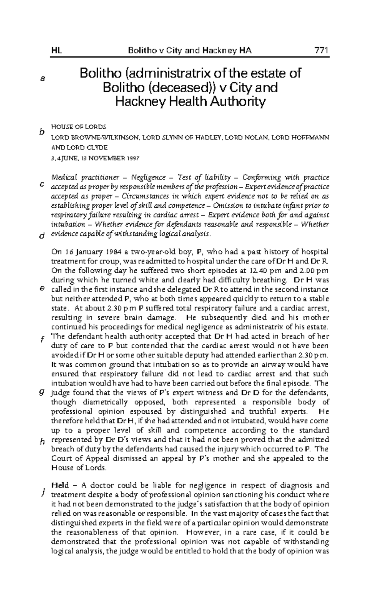 Bolitho (administratrix of the estate of Bolitho (deceased)) v City and Hackney Health Authority