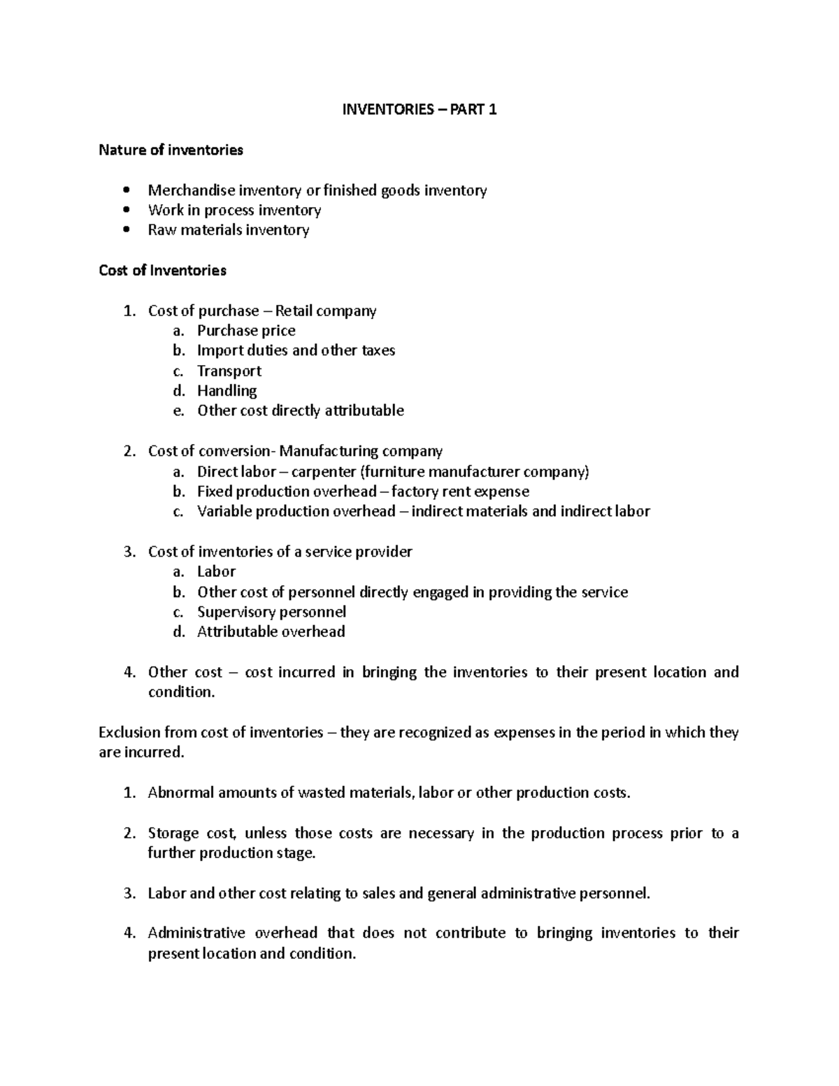 Inventories Notes _ Inventory notes short summary – WYBC